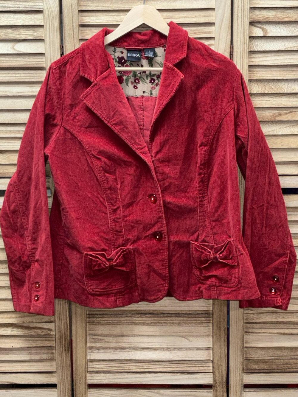 Erika Mauve Red Corduroy Blazer Jacket Button Front Bow Pockets L